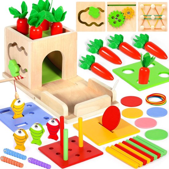Montessori houten speelgoed geschikt voor peuters van 1-2 jaar, 8-in-1 Montessori motorische trainingsprogramma, geschikt voor baby's van 1 jaar, Thanksgiving-, verjaardags-, Kerstmis- en Paascadeaus, geschikt voor jongens en meisjes van 1-4 jaar. van Merkloos