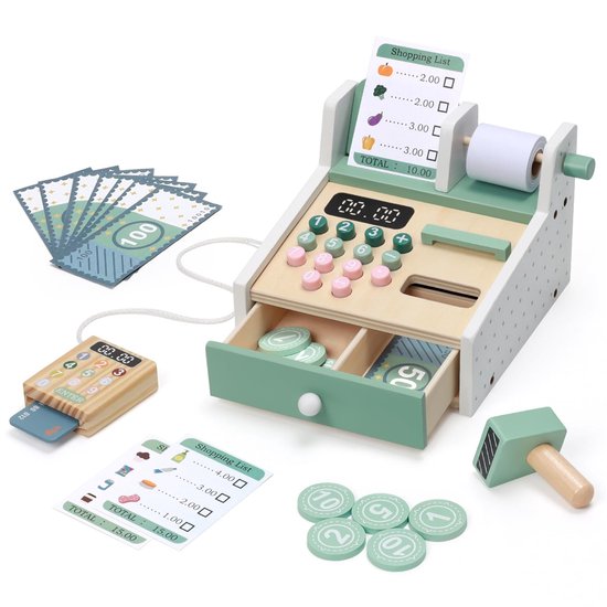Montessori Houten Speelgoed voor Kinderen – Houten Kassa – Met Speelgeld, Scanner en Winkelaccessoires – Educatief Rollenspelspeelgoed voor Peuters – Cadeau voor Jongens en Meisjes