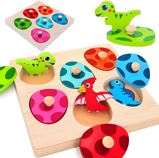 Montessori Knoppuzzel - Houten Puzzel Kinderen - 6 Vrolijke Kleuren - Puzzelstukken met Knop - Kleuren, Vormen en Dieren Leren - Oefent Fijne Motoriek - Voor Peuters van 12-36 Maanden