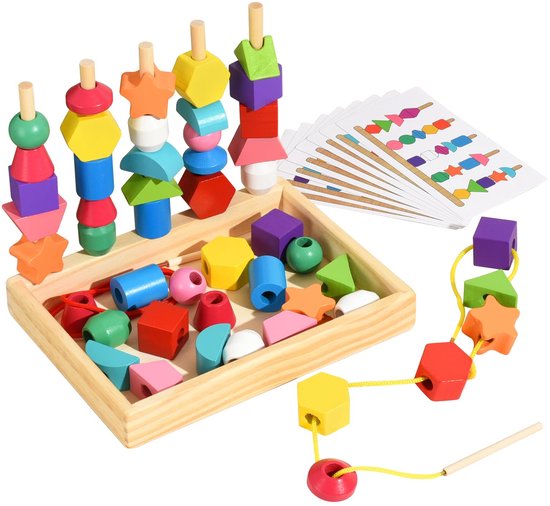 Montessori Kralenrijgspel voor kinderen – Houten kralenspeelgoed voor peuters – Kleur- en vormsorteerspel voor kinderen van 2, 3, 4 en 5 jaar – Educatief leerspeelgoed voor de kleuterschool, Cadeaus