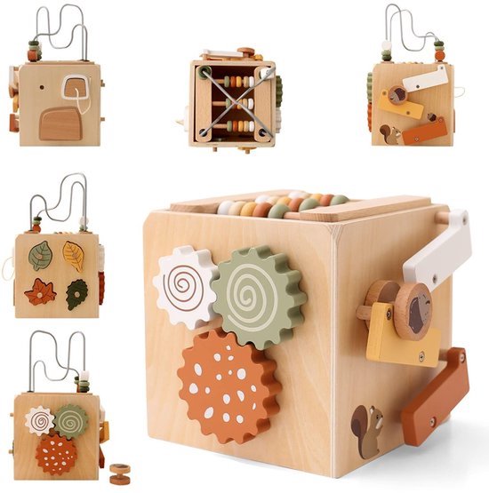 Montessori Motor Skills Cube - 5 in 1 Houten Activiteitenkubus - Houten Montessori Speelgoed - Vroege Educatieve Ontwikkelingsleer Speelgoed voor Kinderen van Merkloos