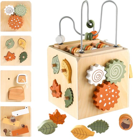 Montessori Motoriekcubus – vanaf 1 jaar, houten speelgoed voor baby's vanaf 18 maanden, 6-in-1 Activiteitencubus met motoriekspiraal, houten motoriekspeelgoed voor 1-2 jaar, cadeau voor peuters van Merkloos