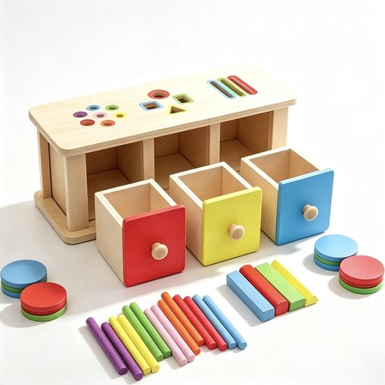 Montessori Sorteerspel - Houten Leerdoos met Lades - Kleur- en Vormherkenning - Sensorisch Educatief Speelgoed - Ontwikkelt Fijne Motoriek - Educatief Motoriek Speelgoed voor Peuters 1-3 Jaar, Steek- en Sorteerspel voor Jongens en Meisjes