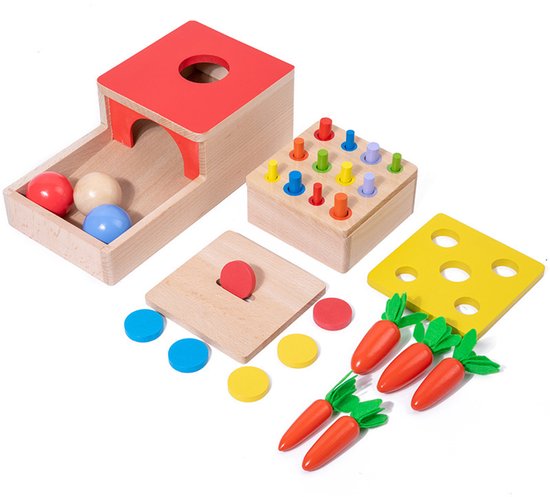 Montessori speelgoed 4-in-1 - Houten object permanence doos en sorteerspel - Motoriek speelgoed voor baby's vanaf 6 maanden - Educatief cadeau voor 1 jaar - Jongens en meisjes