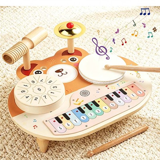 Montessori-speelgoed - 5-in-1 houten muziekspeelgoed voor baby's - Houten drumstel - Inclusief drums, piano en percussie-instrumenten - Geschikt voor jongens en meisjes vanaf 1 jaar