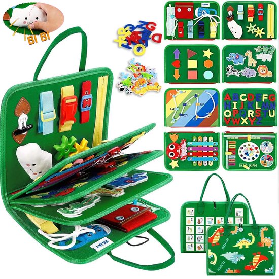 Montessori speelgoed busy board voor peuters – 8 pagina's Montessori Activiteitenboek voor kleuters - Voelbaar sensorisch activiteitenbord voor fijne motoriek - Educatief reisspeelgoed voor baby's, jongens en meisjes