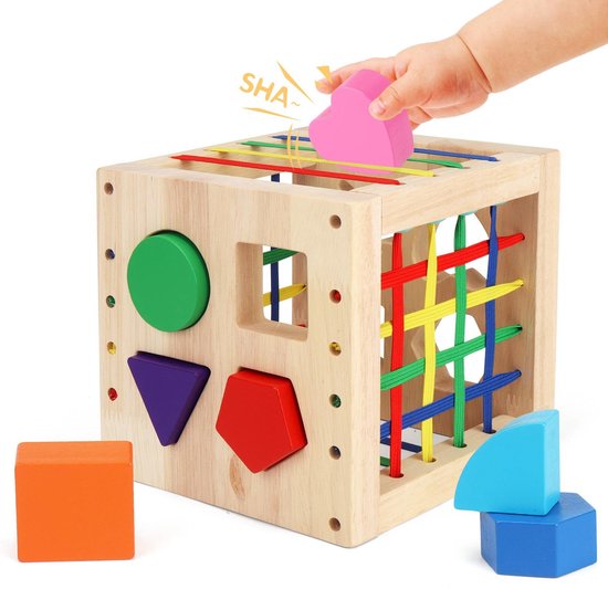 Montessori Speelgoed – Houten Activiteiten Kubus – Houten Speelgoed – Blokkendoos – Speelkubus – Sensorisch Speelgoed – Educatief Speelgoed – Vormenstoof – Peuter Speelgoed