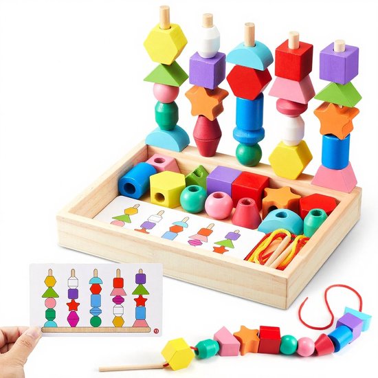 Montessori Speelgoed - Houten Rijg- & Stapelspel - Sorteren & Bouwblokken - Fijne Motoriek & Educatief Speelgoed voor Kinderen - Cadeau voor Jongens & Meisjes van Merkloos