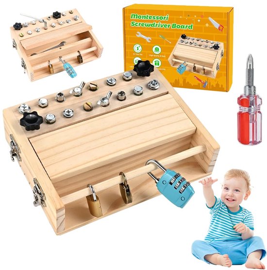 Montessori speelgoed - Houten schroefbord - voor kinderen van 3, 4 en 5 jaar, speelgoed voor de motoriek, houten schroevendraaierbord met sleutel en slot, speelgoedcadeau voor meisjes en jongens van Merkloos