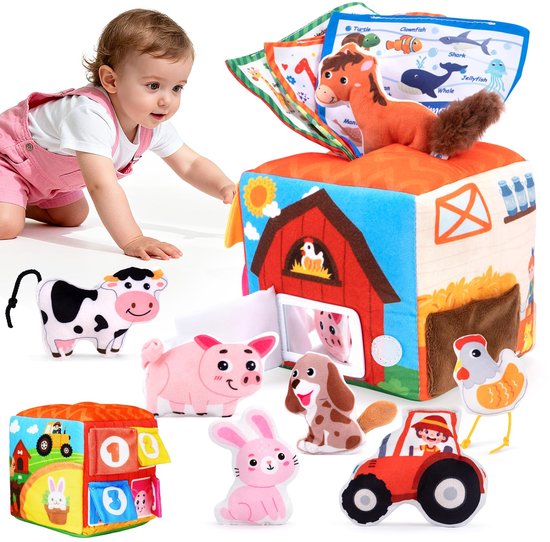Montessori speelgoed vanaf 1 jaar - 11-delige boerderijset met knuffeldieren, rammelaar, knisperend speelgoed en spiegeltje - Baby tissuebox speelgoed - Educatief sensorisch speelgoed voor peuters