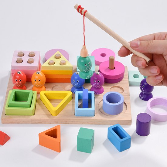 Montessori speelgoed vanaf 1 jaar - Houten stapel speelgoed - 3-in-1 kleurherkenning, vormen sorteren en visspel - Educatief cadeau voor 1 2 3 jaar peuters