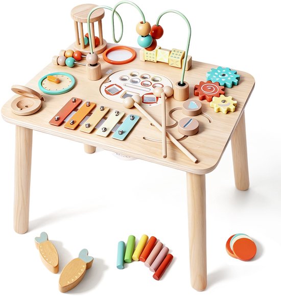 Montessori-speelgoed voor 1-jarigen – Houten activiteitentafel voor peuters van 1-3 jaar, 13-in-1 sensorische speeltafel met kralendoolhof, visspel, vormenstoof & xylofoon, leerzaam speelgoed, cadeau voor de eerste verjaardag van Flintry