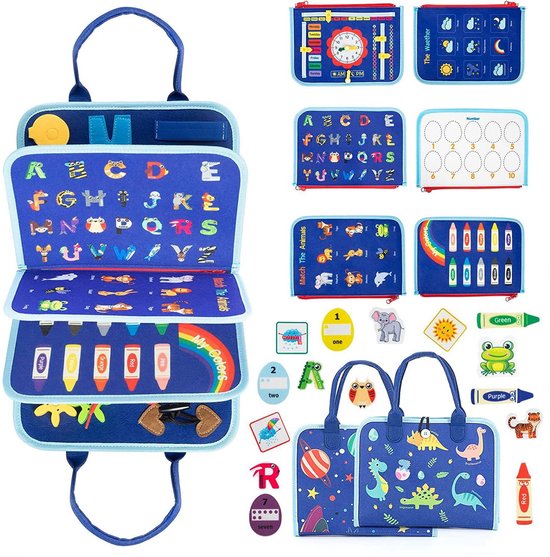 Montessori Speelgoed voor Kinderen - Educatieve Leeractiviteit Sensorisch Bord - Ontwikkelend Sensorisch Speelgoed voor Fijne Motoriek, Reisspeelgoed voor Vliegtuigauto - Cadeau voor Jongens en Meisjes - Blauw van Merkloos