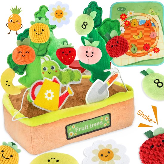 Montessori-speelgoed voor peuters - sensorisch speelgoed voor baby's van 1, 2 en 3 jaar, fruitboom met rammelaar, knisperende cijferstof, sorteren op kleur en vorm, vaardigheden van Hahaland