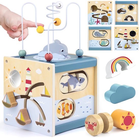 Montessori speelkubus - Motorische vaardigheden kubus - Motorisch speelgoed - Baby activiteitenkubus - 6-in-1 activiteitenkubus voor baby's - Houten speelgoed cadeau voor meisjes en jongens