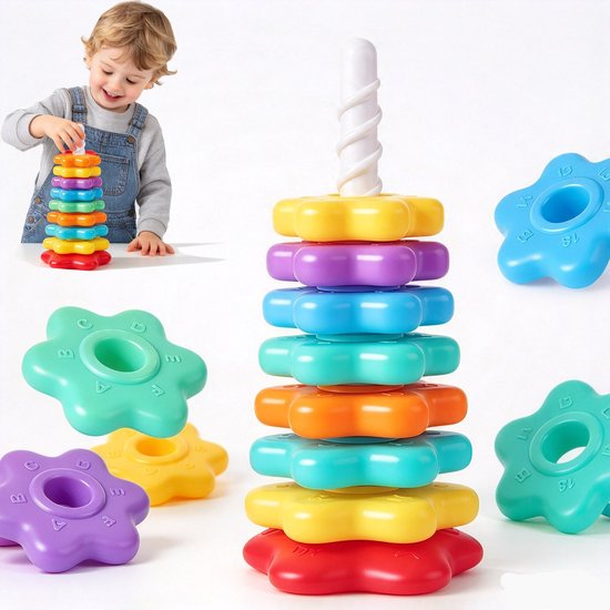 Montessori-stapelspeelgoed met draaifunctie – Regenboog-draairingen – Draaispeelgoed voor peuters (1-3 jaar) – Regenboog-draaitoren – Sensorisch leerspeelgoed