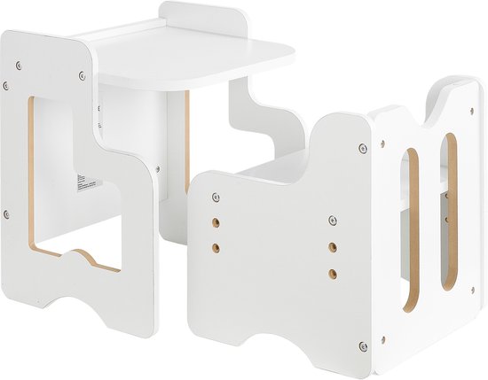 Montessori-tafel- en stoelset, 3-in-1 houten set voor peuters, in hoogte verstelbaar met bord voor 1-5 jaar, ideaal voor meerdere toepassingen, wit van Merkloos