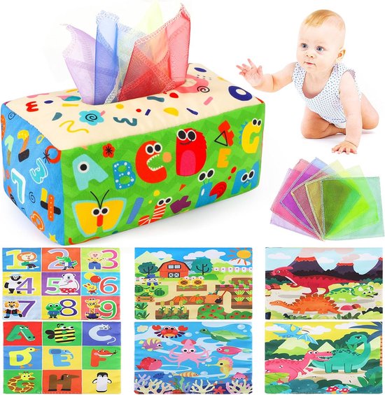 Montessori Tissue Box - Sensorisch Baby Speelgoed - Cognitieve Ontwikkeling - Veilig Katoen Materiaal - 0-12 Maanden - Multicolor