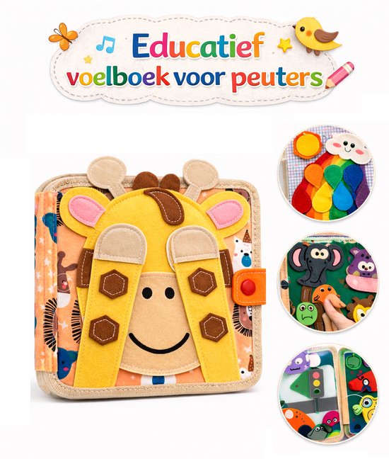 Montessori Vilt Busy Book Giraf – Educatief Voelboek voor Baby's en Peuters – Sensorisch Activiteitenboek – CE Gecertificeerd – 20x20x6 cm – Vanaf 1 Jaar van Merkloos