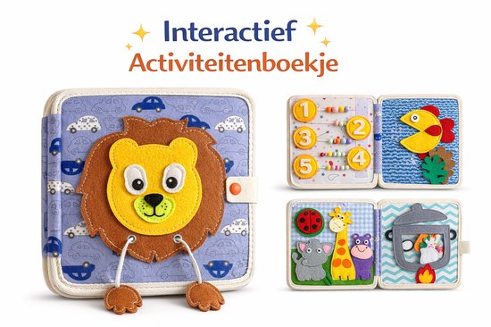 Montessori Vilt Busy Book - Interactief Voelboekje baby - flapjesboek - Vanaf 1 jaar - Leeuwtje - Educatief Activiteitenboekje - Motoriek & Ontwikkeling - 20x20 cm - CE Gecertificeerd van Merkloos