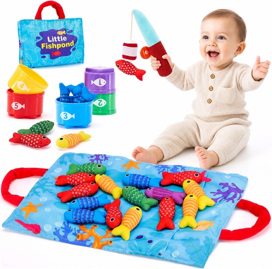 Montessori Vissenspel - Montessori Speelgoed 1 jaar - Speelgoed 2 Jaar - Speelgoed Baby - Sensorisch Visspel - Fijne Motoriek - Vanaf 6 Maanden - Sorteerspel - 22-Delig