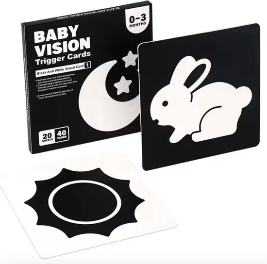 Montessori Visuele Stimulatiekaarten Baby 0–3 Maanden – Zwart-Wit Contrast voor Optimale Breinontwikkeling – Waterafstotend, Veilig & Duurzaam – 20 Dubbelzijdige Kaarten (14x14 cm) - Speelgoed