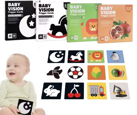 Montessori Visuele Stimulatiekaarten – Set van 4 Leeftijdsfasen (0-36 Maanden) – Zwart-Wit & Kleur Contrastkaarten – 80 Dubbelzijdige Kaarten – Breinontwikkeling Baby & Peuter - Speelgoed van Merkloos