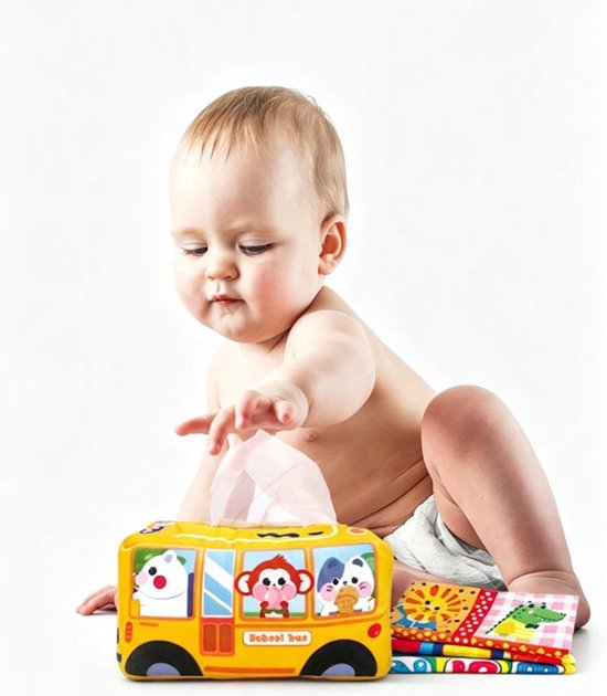 Montessori-zakdoekendoos voor baby's – Speelgoed voor 6-12 maanden en 1 jaar – Zacht, knuffelbaar sensorisch speelgoed met hoog contrast en knispergeluid; geschikt voor jongens en meisjes (dreumesen); cadeau voor vroege ontwikkeling.