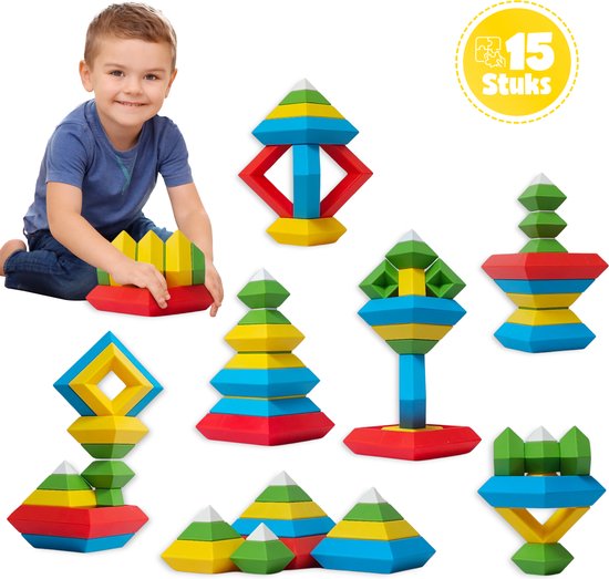 MontiPlay® Build Buddies - 15 Stuks Blokkentoren - Educatief Montessori Speelgoed - Stapelstenen & Blokken - STEM & Sensorisch Peuterspeelgoed - Vanaf 3 Jaar - Kinderspeelgoed - Bouwblokken van MontiPlay®