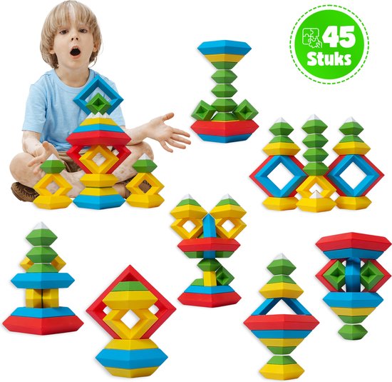 MontiPlay® Build Buddies - 45 Stuks Blokkentoren - Educatief Montessori Speelgoed - Stapelstenen & Blokken - STEM & Sensorisch Peuterspeelgoed - Vanaf 3 Jaar - Kinderspeelgoed - Bouwblokken van MontiPlay®