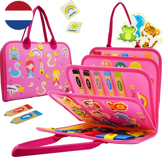 MontiPlay® Montessori Speelgoed Roze - Sensorisch Speelgoed - Activiteitenbord - Busy Board - Montessori voor thuis - Speelgoed voor onderweg - Voor in de auto - Het grote speelgoedboek 2025 van Merkloos