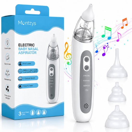Montzys® Neusreiniger Baby - Neusdouche Elektrisch - Snoetenpoetsers & Snotzuiger - Inclusief Muziek Functie & 3 Opzetstukjes