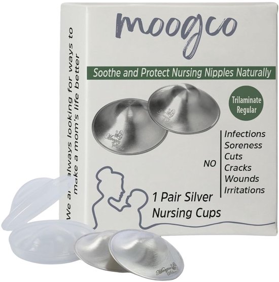 Moogco Zilveren Tepelkapjes - Tepelbeschermers – Borstkompressen – 999k Zilver – Tri- Laminaat Zilver – Large Maat – Incl. Opbergetui
