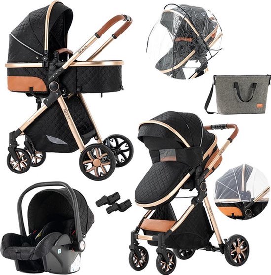 Mookes 3-In-1 Lichtgewicht Kinderwagen Luxe Hoog Landschap Kinderwagen Voor Pasgeborenen Compacte Regenhoes Kinderwagen Voor Baby Black van Merkloos