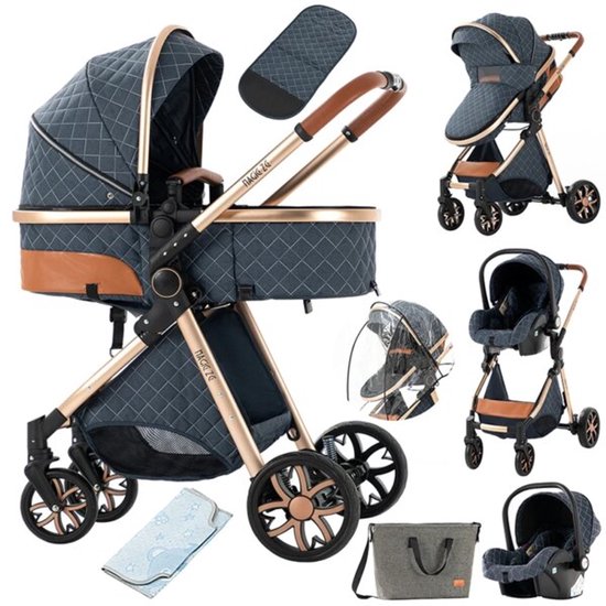 Mookes 3-In-1 Lichtgewicht Kinderwagen Luxe Hoog Landschap Kinderwagen Voor Pasgeborenen Compacte Regenhoes Kinderwagen Voor Baby Blue Daimond van Merkloos