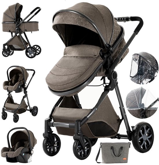 Mookes 3-In-1 Lichtgewicht Kinderwagen Luxe Hoog Landschap Kinderwagen Voor Pasgeborenen Compacte Regenhoes Kinderwagen Voor Baby Brown van Merkloos