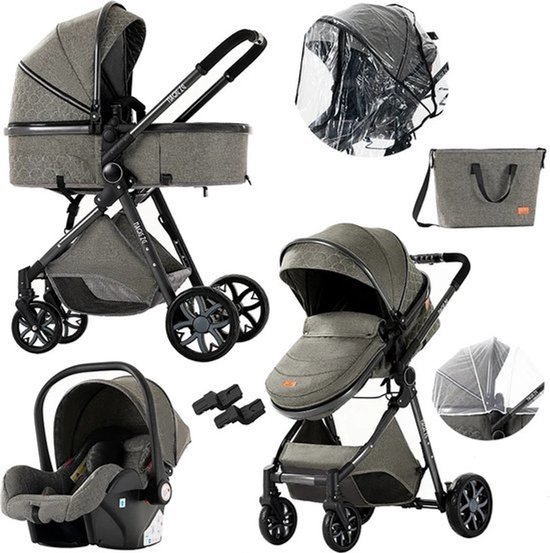 Mookes 3-In-1 Lichtgewicht Kinderwagen Luxe Hoog Landschap Kinderwagen Voor Pasgeborenen Compacte Regenhoes Kinderwagen Voor Baby Deep Grey van Merkloos