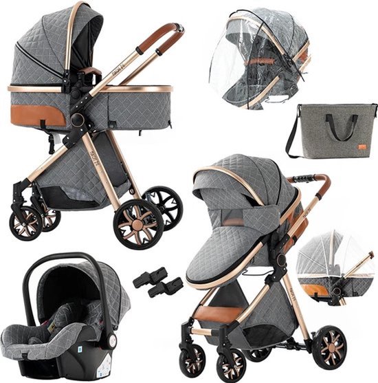 Mookes 3-In-1 Lichtgewicht Kinderwagen Luxe Hoog Landschap Kinderwagen Voor Pasgeborenen Compacte Regenhoes Kinderwagen Voor Baby Grey van Merkloos