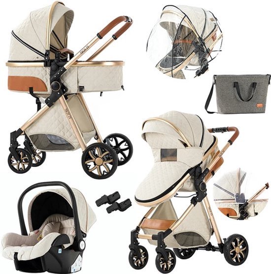 Mookes 3-In-1 Lichtgewicht Kinderwagen Luxe Hoog Landschap Kinderwagen Voor Pasgeborenen Compacte Regenhoes Kinderwagen Voor Baby White van Merkloos