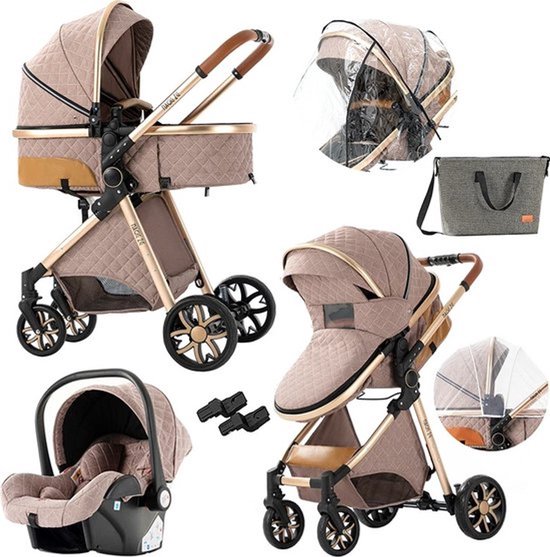 Mookes 3-In-1 Lichtgewicht Kinderwagen Luxe Hoog Landschap Kinderwagen Voor Pasgeborenen Compacte Regenhoes Kinderwagen Voor Baby van Merkloos