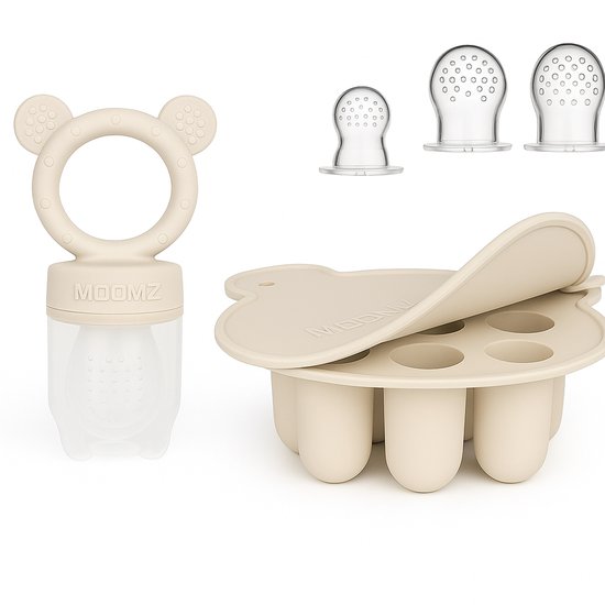 Moomz Baby Fruitspeen + 3 spenen & IJsblokjesvorm - Babyhapjes bewaarbakjes - 100% siliconen Fopspeen Beige - Sabbelzakje met bijtring van Merkloos