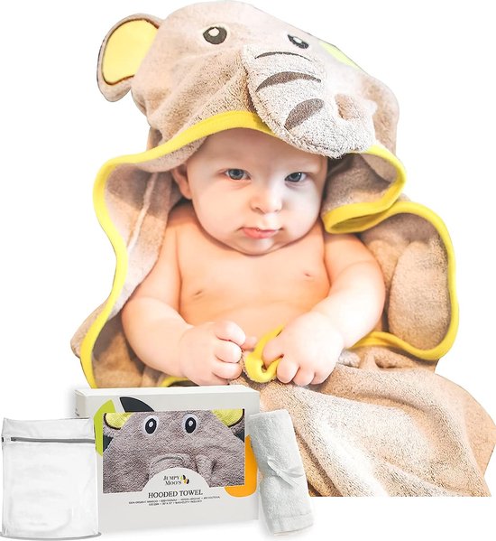 Moo's Babyhanddoek met Capuchon (inclusief Washand en Waszak), 100% Bamboe, Sterk Absorberende, Zachte en Delicate Stof, Perfect babygeschenk voor Pasgeborenen, Baby's en Peuters (Blije Olifant) van Moo's