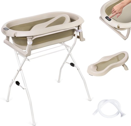 moovkee. Babybad met Standaard 80 cm - Opvouwbare Babybadewanne Beige met Thermometer, Badesitz en Afvoersysteem - Veilig Babybad voor Pasgeborenen van Merkloos