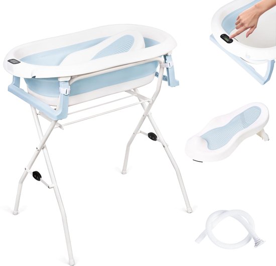 moovkee. Babybad met Standaard 80 cm - Opvouwbare Babybadewanne Blauw met Thermometer, Badesitz en Afvoersysteem - Veilig Babybad voor Pasgeborenen van Merkloos