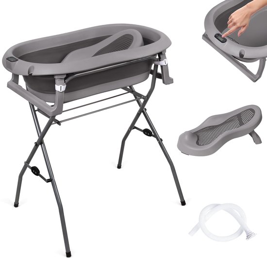 moovkee. Babybad met Standaard 80 cm - Opvouwbare Babybadewanne Donkergrijs met Thermometer, Badesitz en Afvoersysteem - Veilig Babybad voor Pasgeborenen van Merkloos