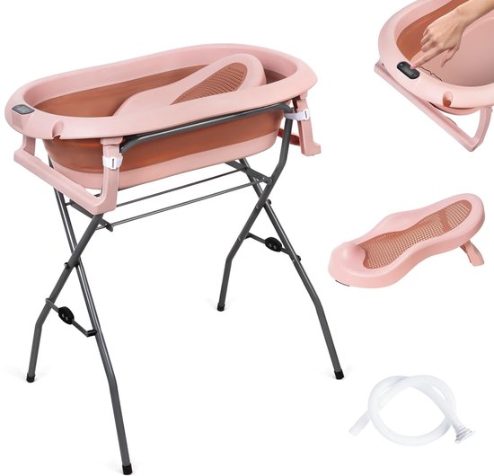 moovkee. Babybad met Standaard 80 cm - Opvouwbare Babybadewanne Donkerroze met Thermometer, Badesitz en Afvoersysteem - Veilig Babybad voor Pasgeborenen