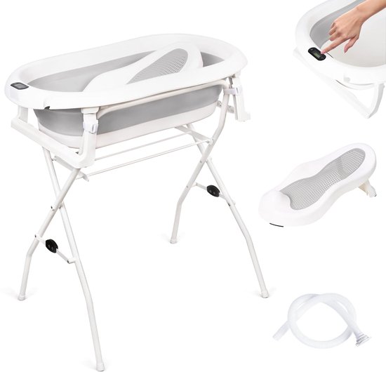 moovkee. Babybad met Standaard 80 cm - Opvouwbare Babybadewanne Grijs met Thermometer, Badesitz en Afvoersysteem - Veilig Babybad voor Pasgeborenen van Merkloos