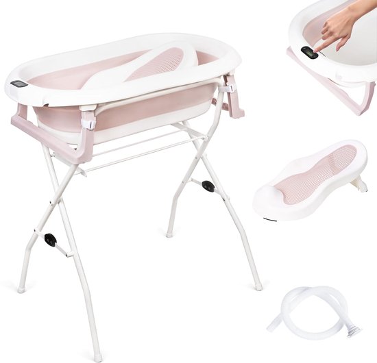 moovkee. Babybad met Standaard 80 cm - Opvouwbare Babybadewanne Roze met Thermometer, Badesitz en Afvoersysteem - Veilig Babybad voor Pasgeborenen van Merkloos