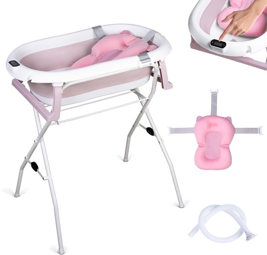 Moovkee. Badkuip met frame 80 cm roze - opvouwbaar bad met thermometer en badkussen van Moovkee