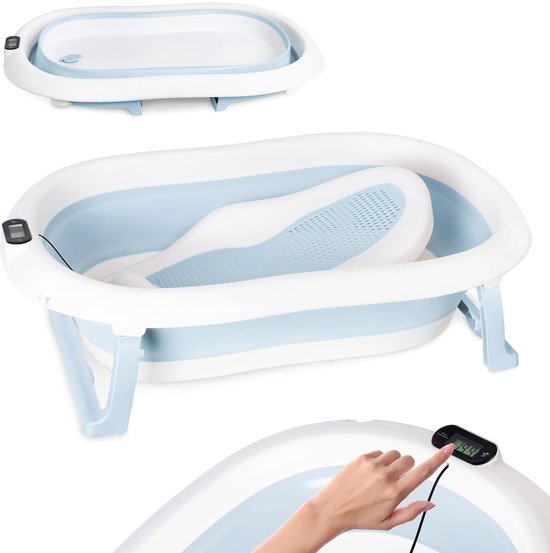 moovkee. Opvouwbaar Babybad 80 cm Blauw - Babybadewanne met Thermometer en Badesitz - Antislip Draagbare Babybadkuip voor 0-36 Maanden van Moovkee